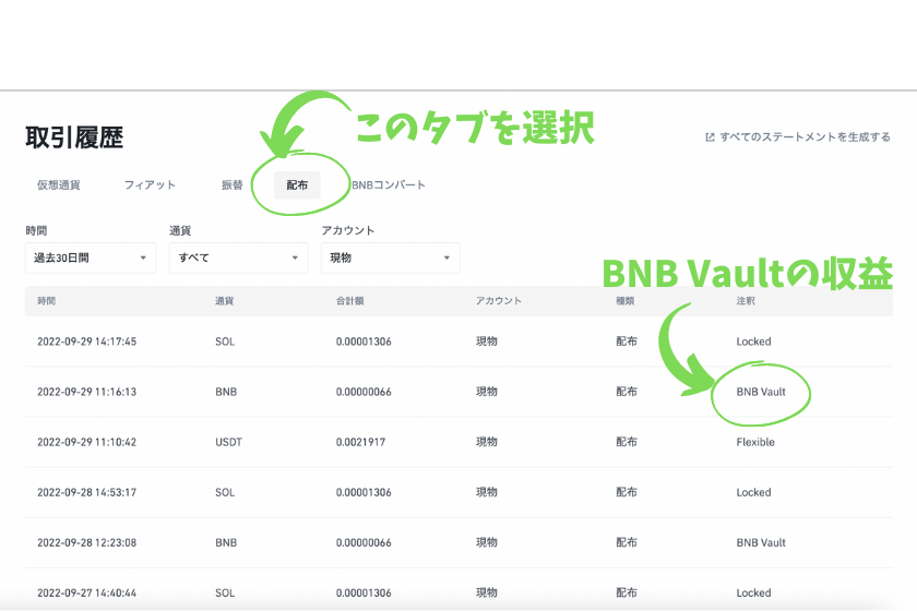 Binance（バイナンス） BNB Vault 取引履歴確認