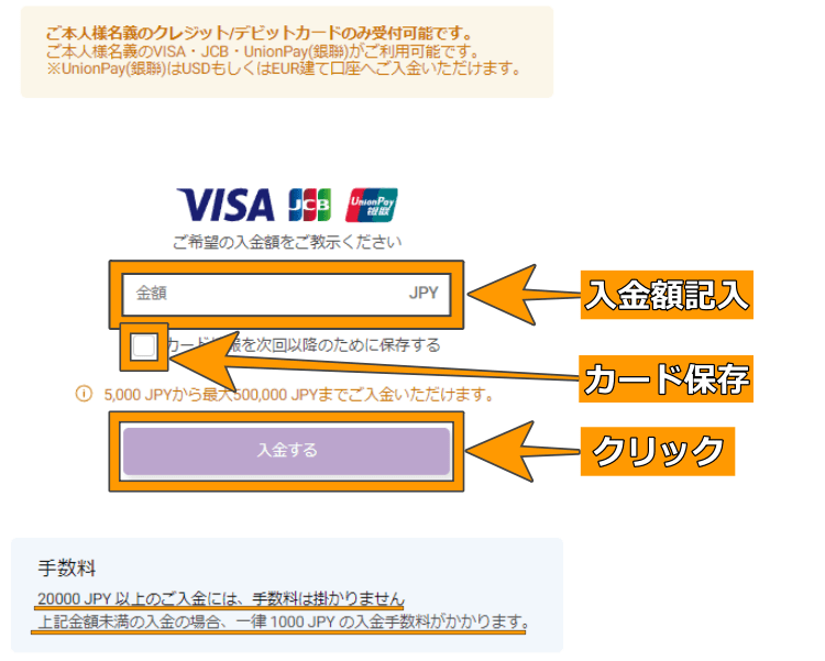 クレジットカード/デビットカードを利用した入金方法4
