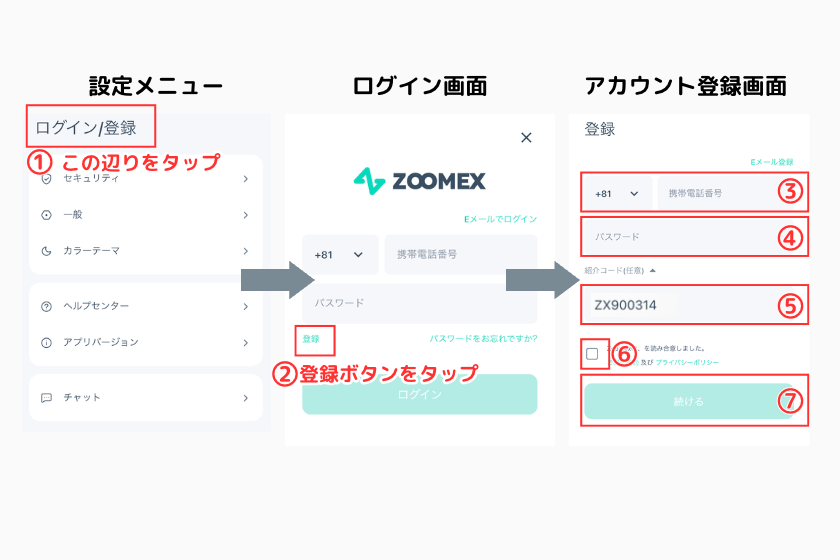 4Zoomex　紹介コード　スマホアプリ　アカウント登録