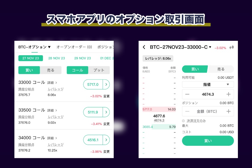 Coincall日本人「スマホアプリのオプション取引画面」