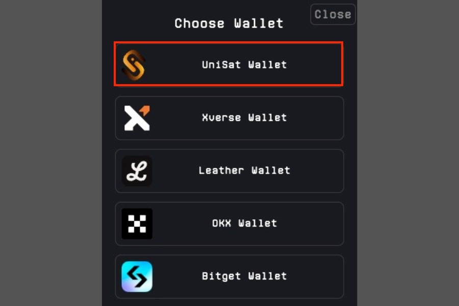 UniSat Wallet「ウォレット選択画面」