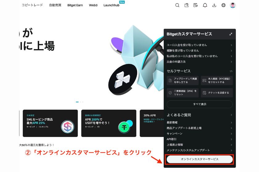 画像18：Bitget出金方法「PCでサポートに問い合わせ02」