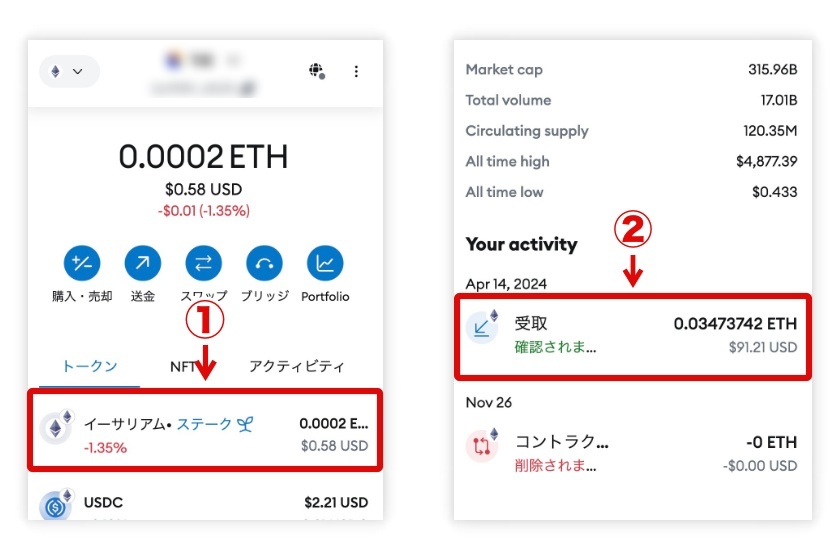 メタマスクトランザクションID「パソコンでの確認手順1」